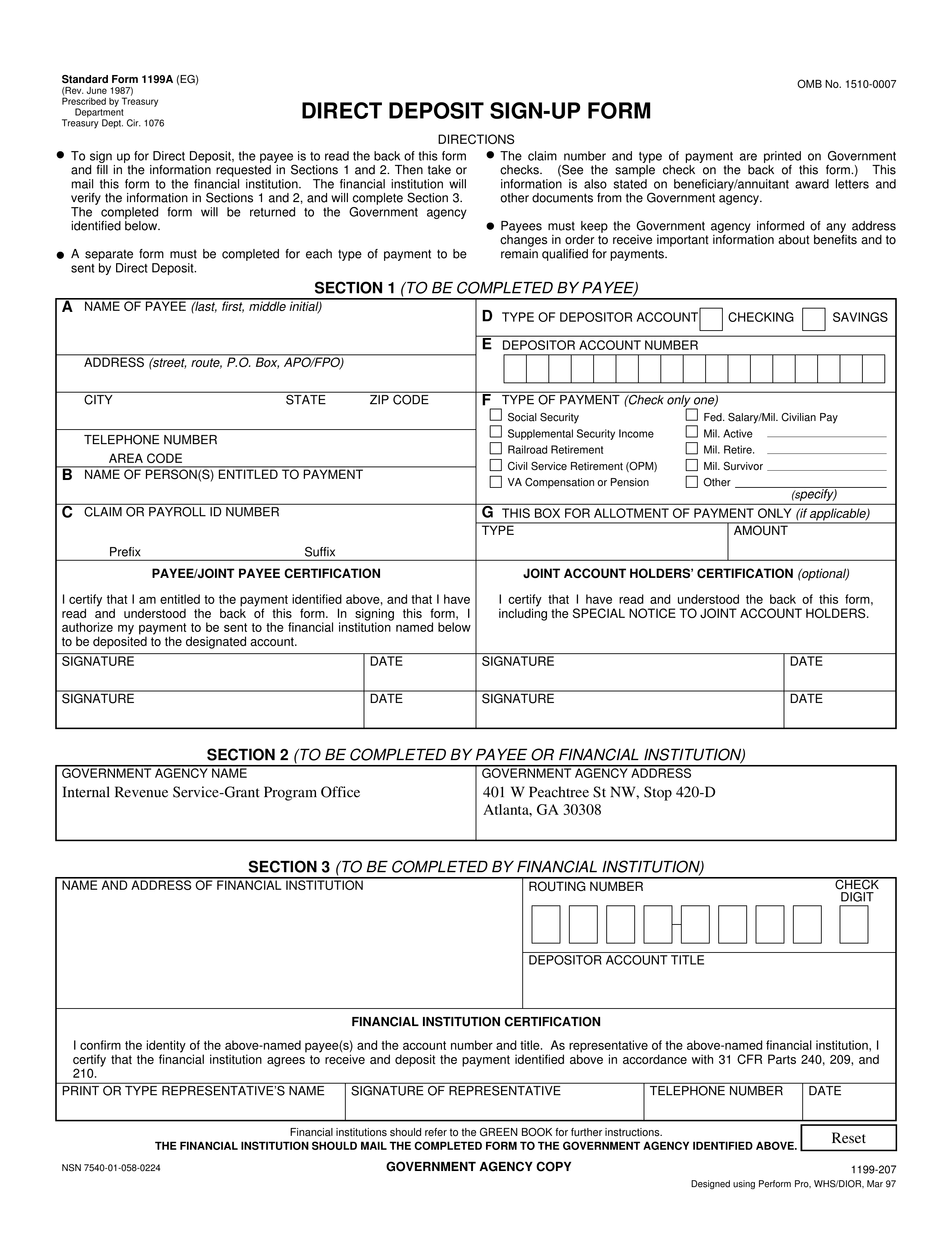 Free Standard Direct Deposit Authorization Form (Federal 10A  Intended For Federal Government Direct Deposit Form Intended For Federal Government Direct Deposit Form