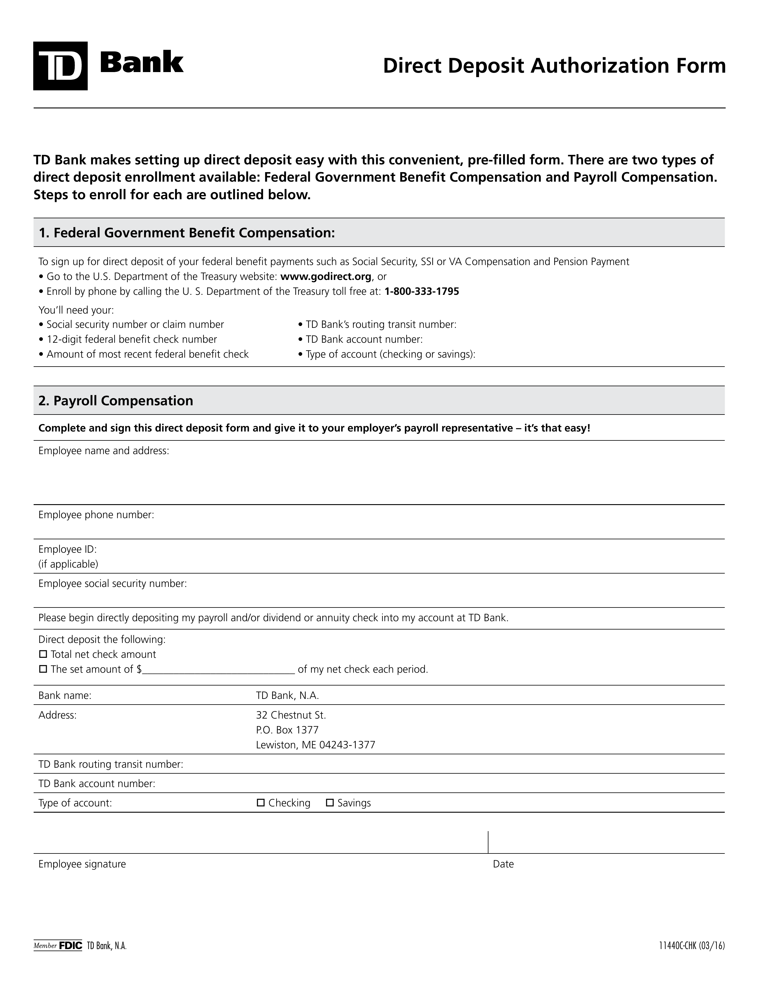 Free TD Bank Direct Deposit Authorization Form - PDF – eForms Within Federal Government Direct Deposit Form With Regard To Federal Government Direct Deposit Form
