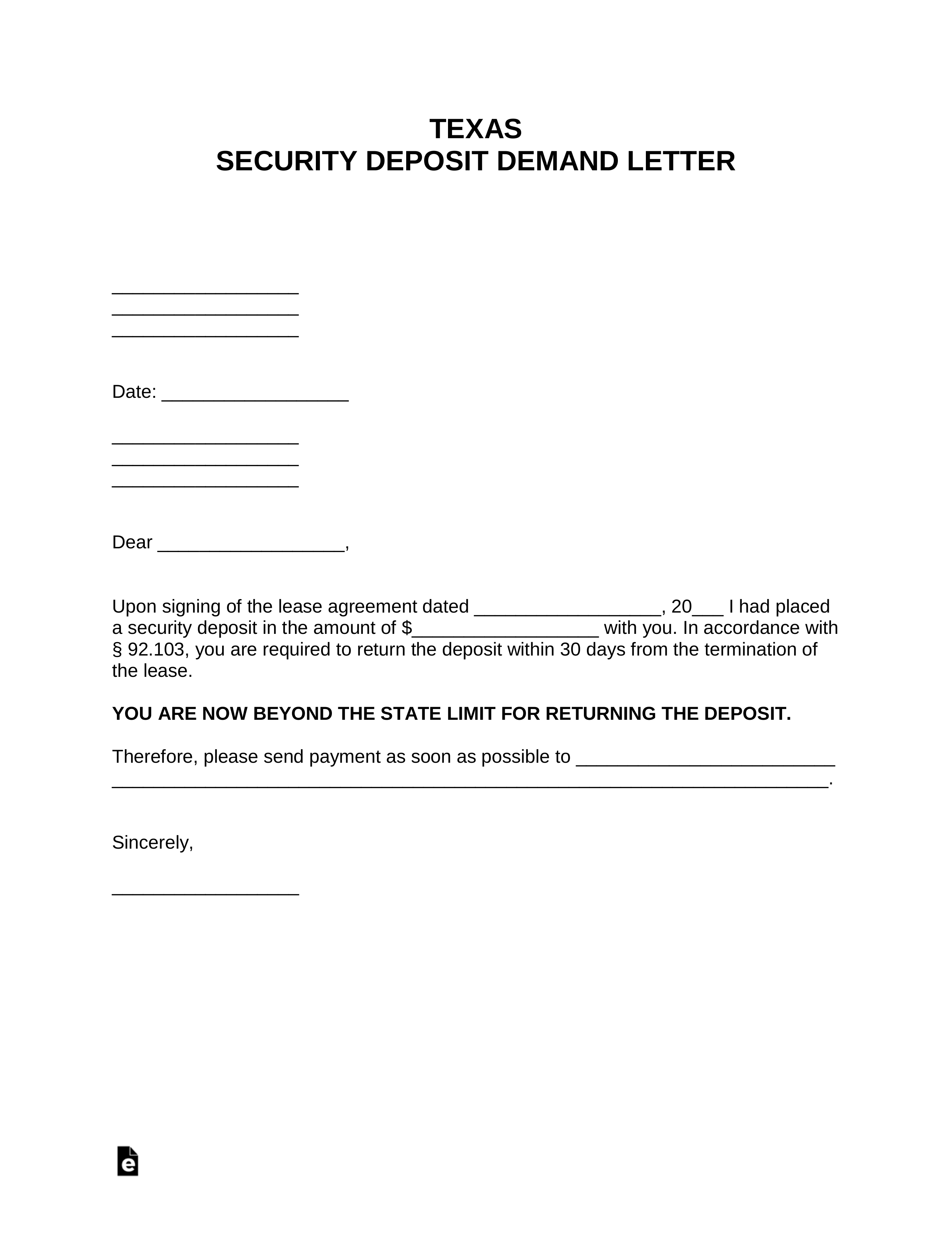 Free Texas Security Deposit Demand Letter – PDF  Word – EForms With Regard To Rental Security Deposit Refund Form