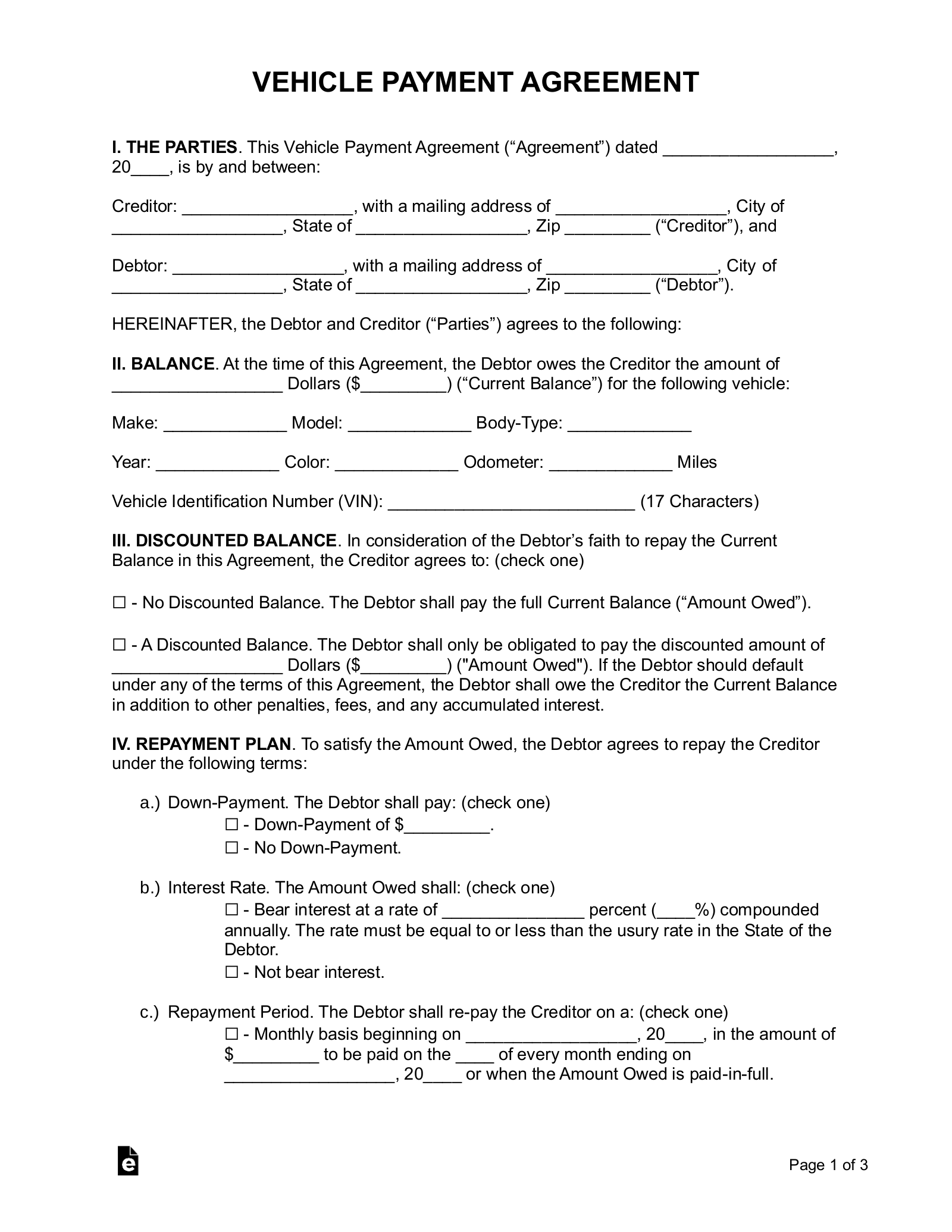 Free Vehicle Payment Plan Agreement - PDF  Word – eForms Within Vehicle Deposit Agreement Form With Regard To Vehicle Deposit Agreement Form