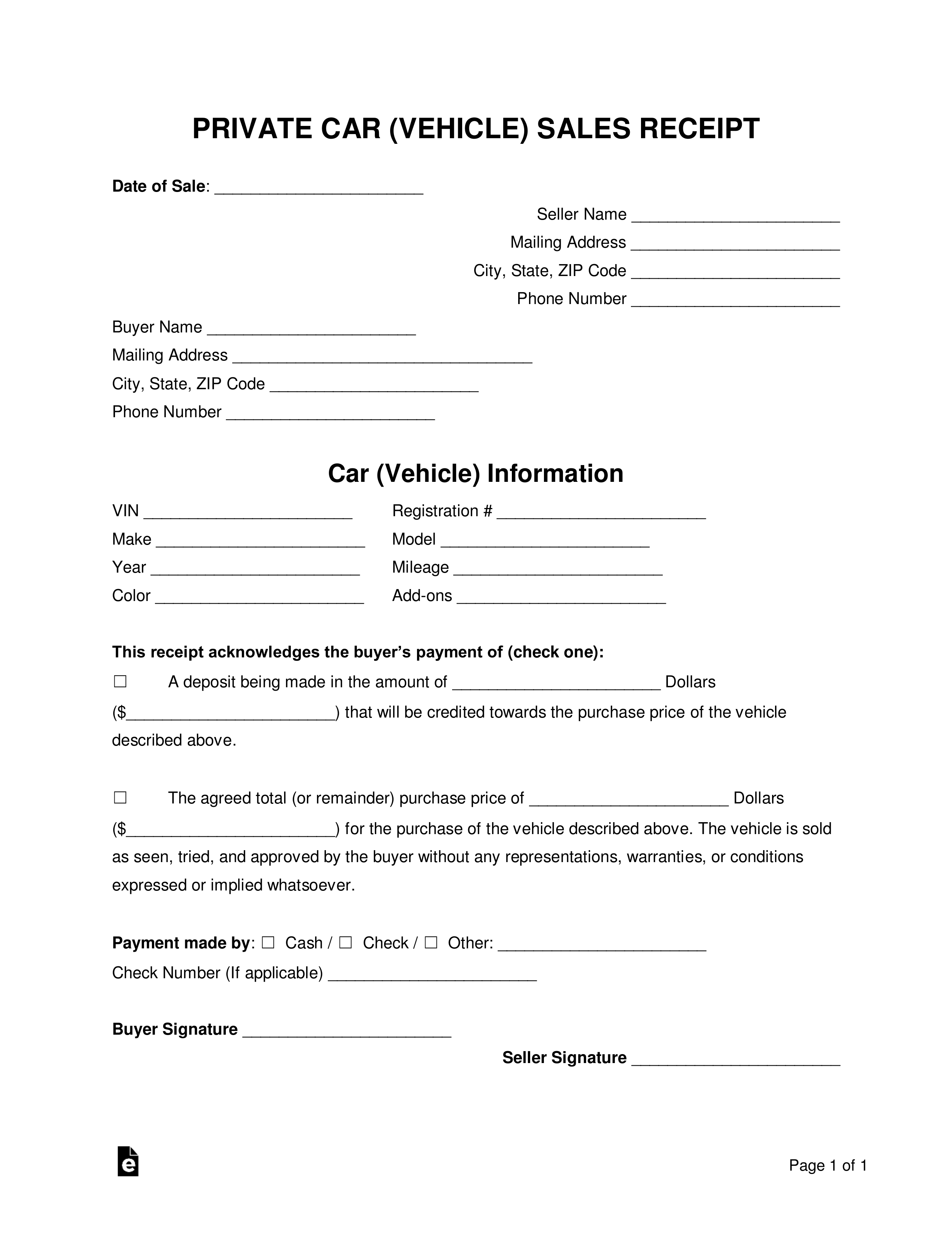 Free Vehicle (Private Sale) Receipt Template - PDF  Word – eForms Pertaining To Deposit Form For Vehicle Purchase Within Deposit Form For Vehicle Purchase