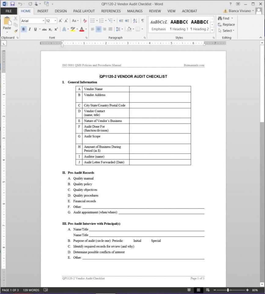 Free Vendor Audit Checklist Iso Template Qp10 Supplier Visit  In Vendor Audit Checklist Template Inside Vendor Audit Checklist Template