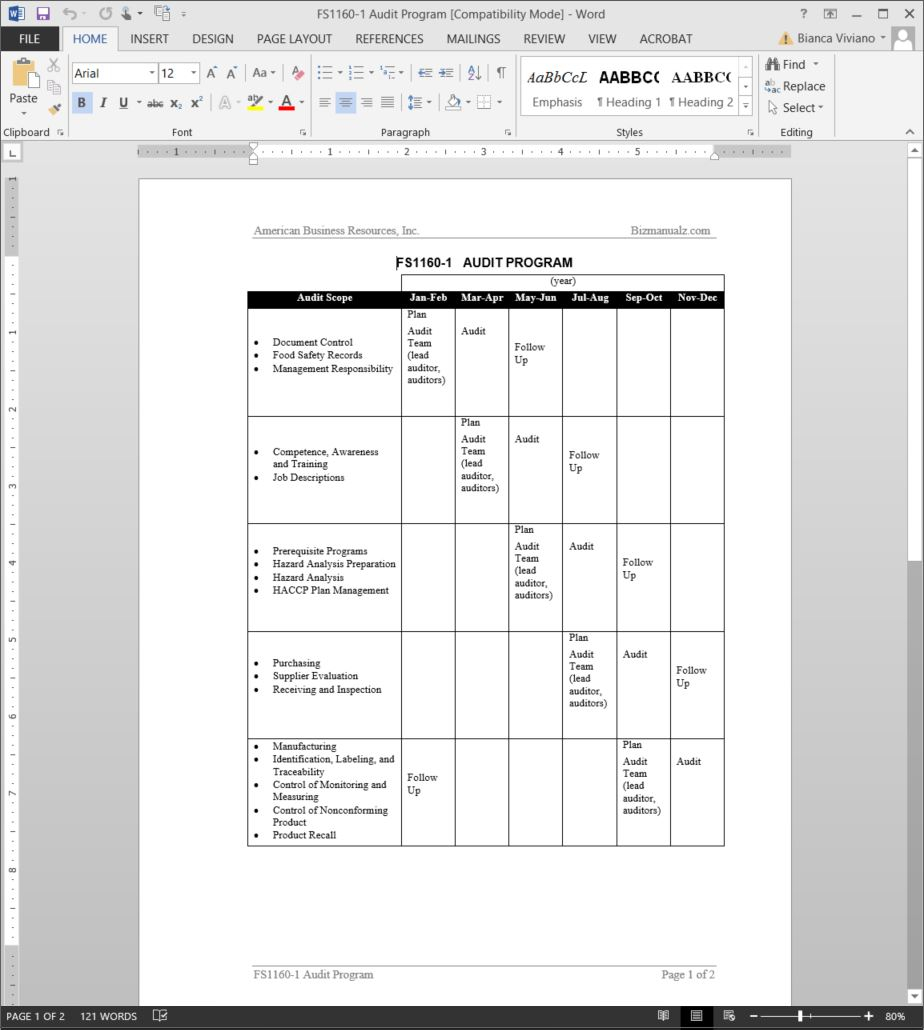 FSMS Audit Program Template  FDS100 10 Throughout Food Safety Audit Checklist Template