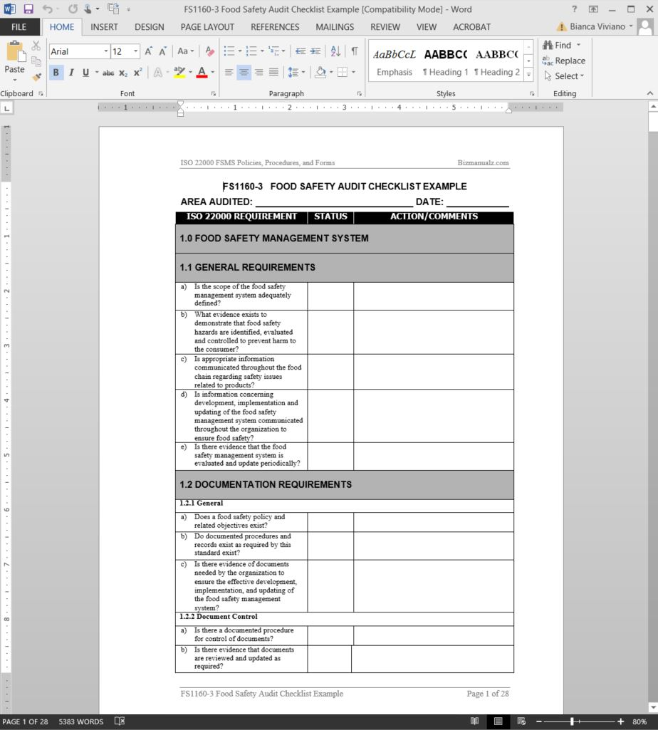 FSMS Food Safety Audit Checklist Template  FDS10-10 Pertaining To Food Safety Audit Checklist Template Intended For Food Safety Audit Checklist Template