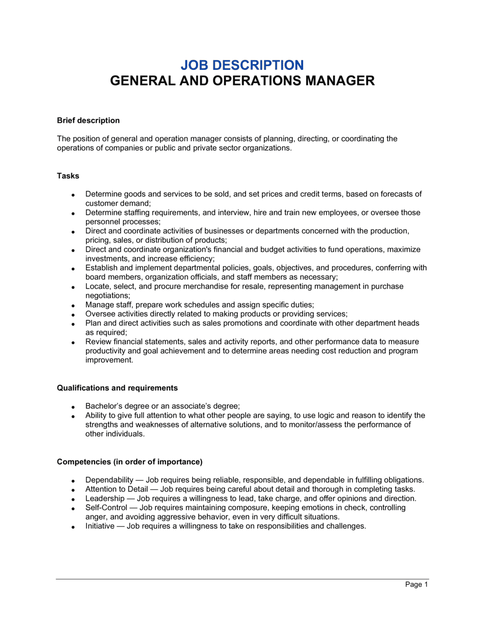 Company General Manager Job Description