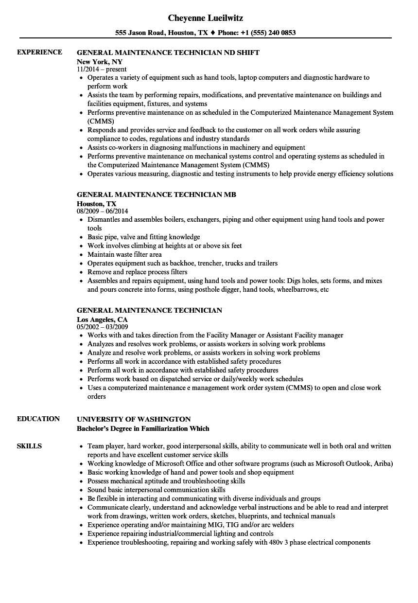 General Maintenance Technician Resume Samples  Velvet Jobs Intended For Maintenance Technician Job Description Template With Regard To Maintenance Technician Job Description Template