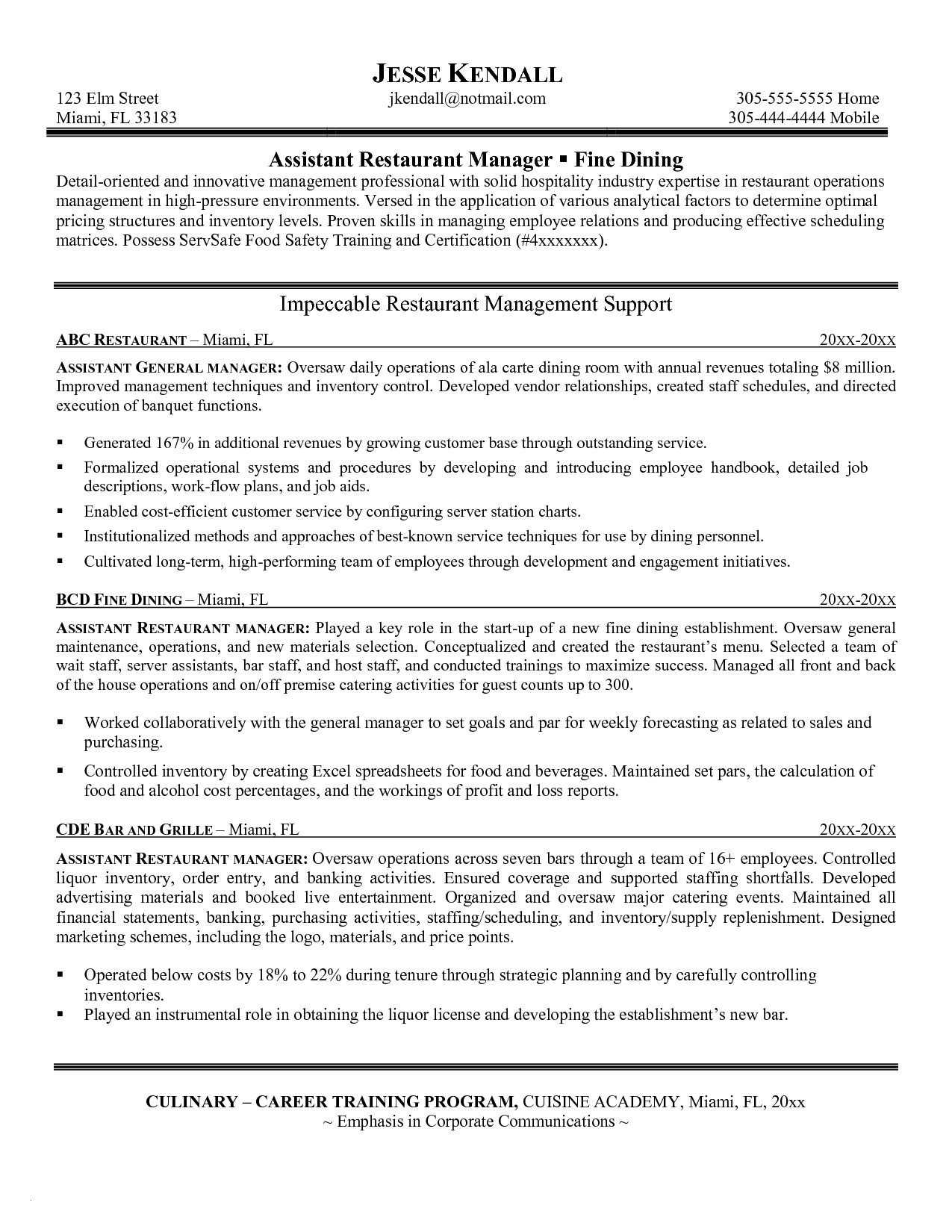 General Manager Resume Headline June 10 Within Restaurant Manager Job Description Template