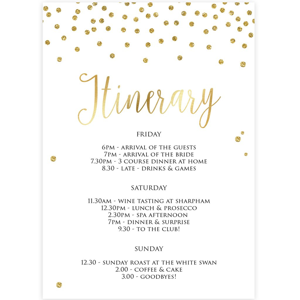 Gold Foil Editable Itinerary Template  Bridal Shower  With Regard To Bridal Shower Itinerary Template Inside Bridal Shower Itinerary Template