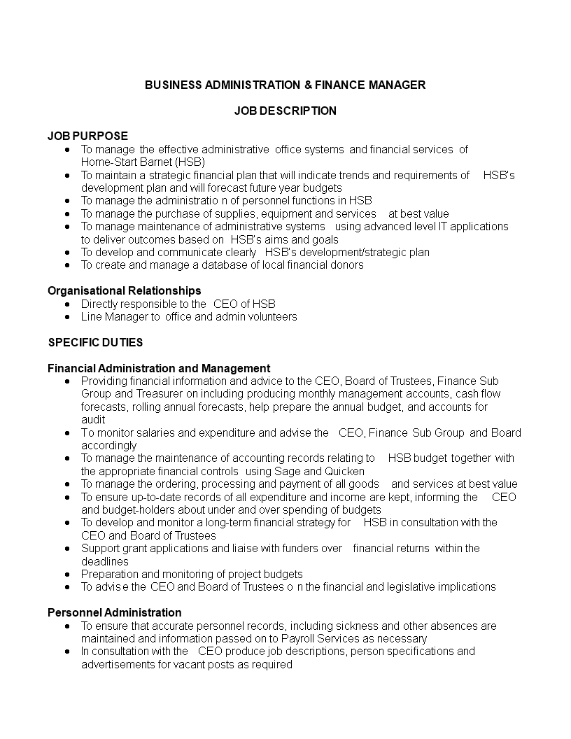 Gratis Business Administration Finance Manager Job Description Intended For Ceo Job Description Template
