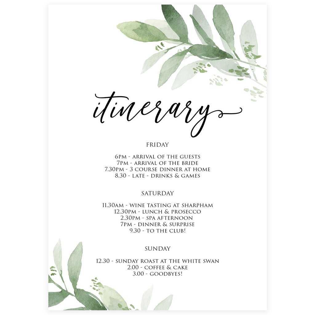 Greenery Editable Itinerary Template  Bridal Shower  With Regard To Baby Shower Itinerary Template Throughout Baby Shower Itinerary Template