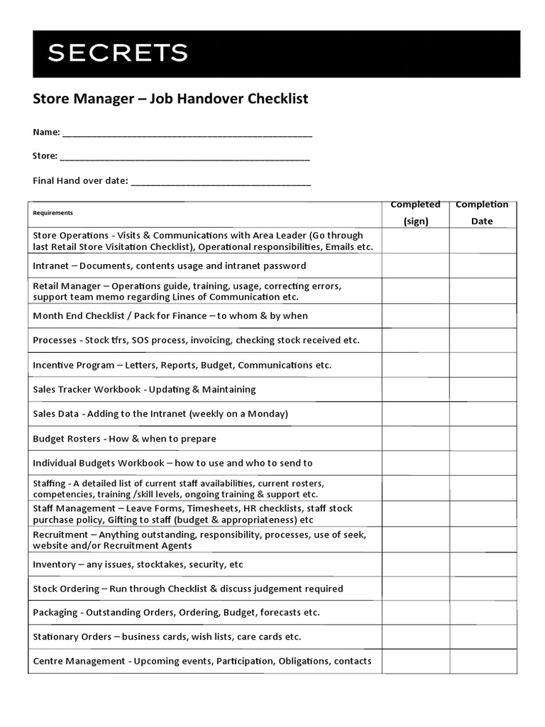 Handover Resignation Checklist Template  Retail  Business Inside Turnover Checklist Template With Regard To Turnover Checklist Template