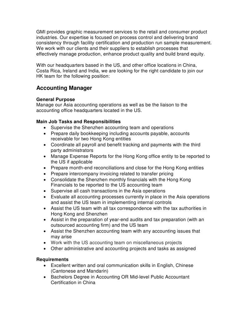 HK Accounting Manager Job Description  Hong Kong  Accounts Payable Inside Accounting Manager Job Description Template