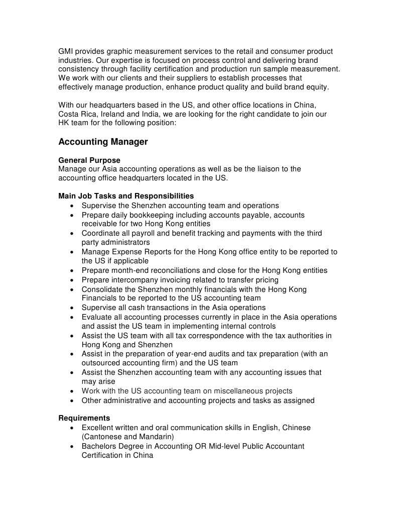 HK Accounting Manager Job Description  Hong Kong  Accounts Payable Inside Accounting Manager Job Description Template Intended For Accounting Manager Job Description Template