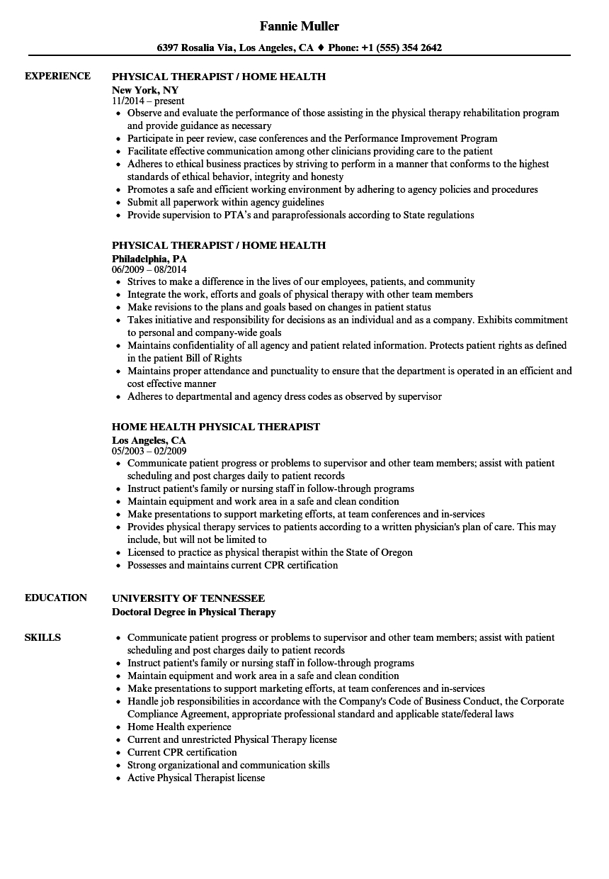 Home Health Physical Therapist Resume Samples  Velvet Jobs With Regard To Physical Therapist Job Description Template