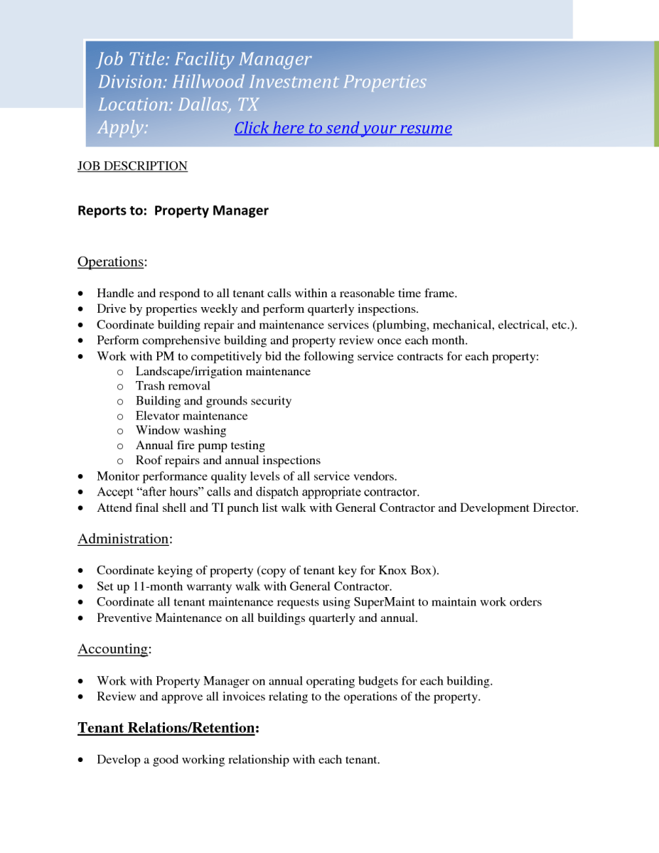 Property Manager Job Description For Resume