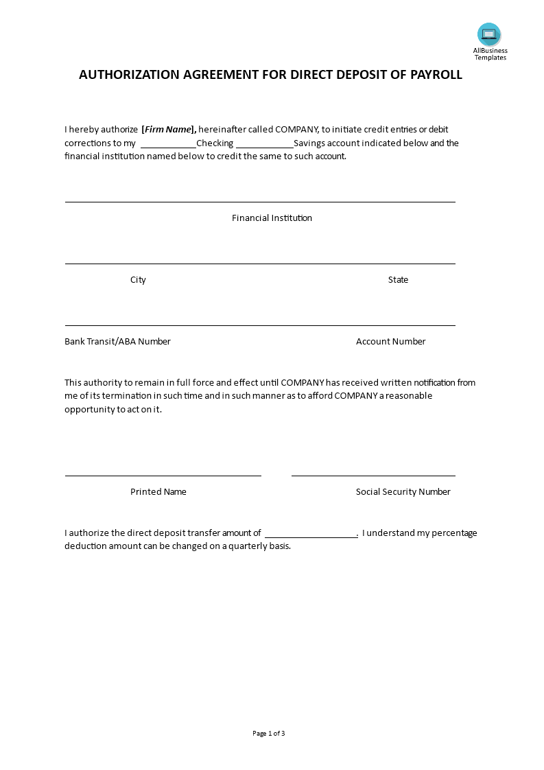 高级Hr Authorization For Direct Deposit Payroll  样本文件在  With Direct Deposit Payroll Authorization Form With Direct Deposit Payroll Authorization Form