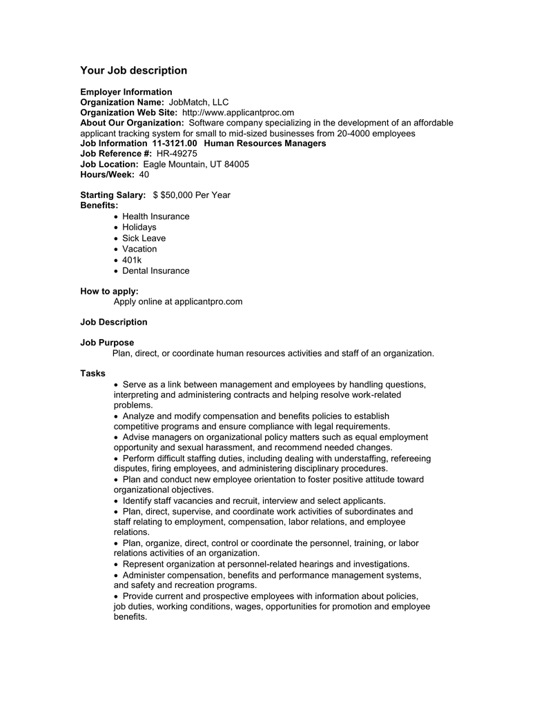 HR Job Description Sample With Hr Job Description Template