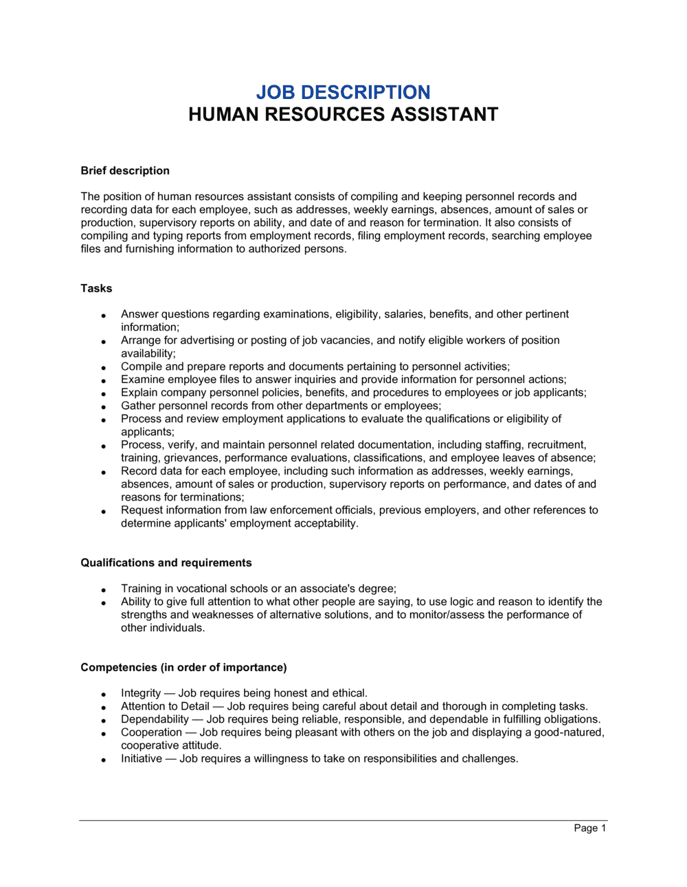 Human Resources Assistant Job Description Template  by Business  For Hr Job Description Template For Hr Job Description Template
