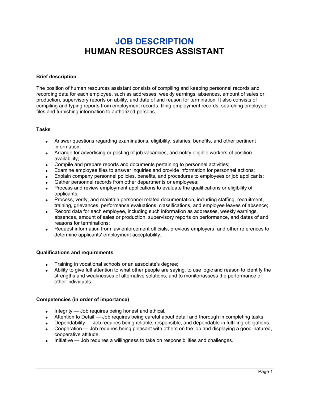 Human Resources Assistant Job Description Template  By Business  For Hr Job Description Template