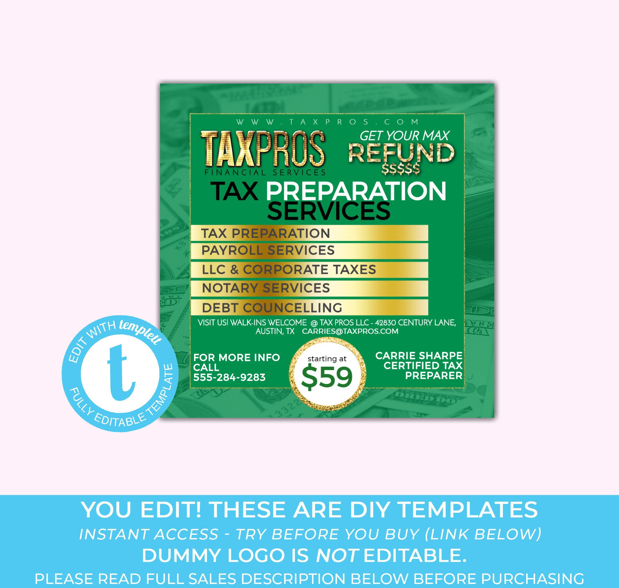 Income Tax Preparer Flyer, Tax Services, Tax Professional, Accountant,  Financial Services, Return Prep, Taxes, Social Media Digital Flyer In Tax Preparer Flyer Template Intended For Tax Preparer Flyer Template
