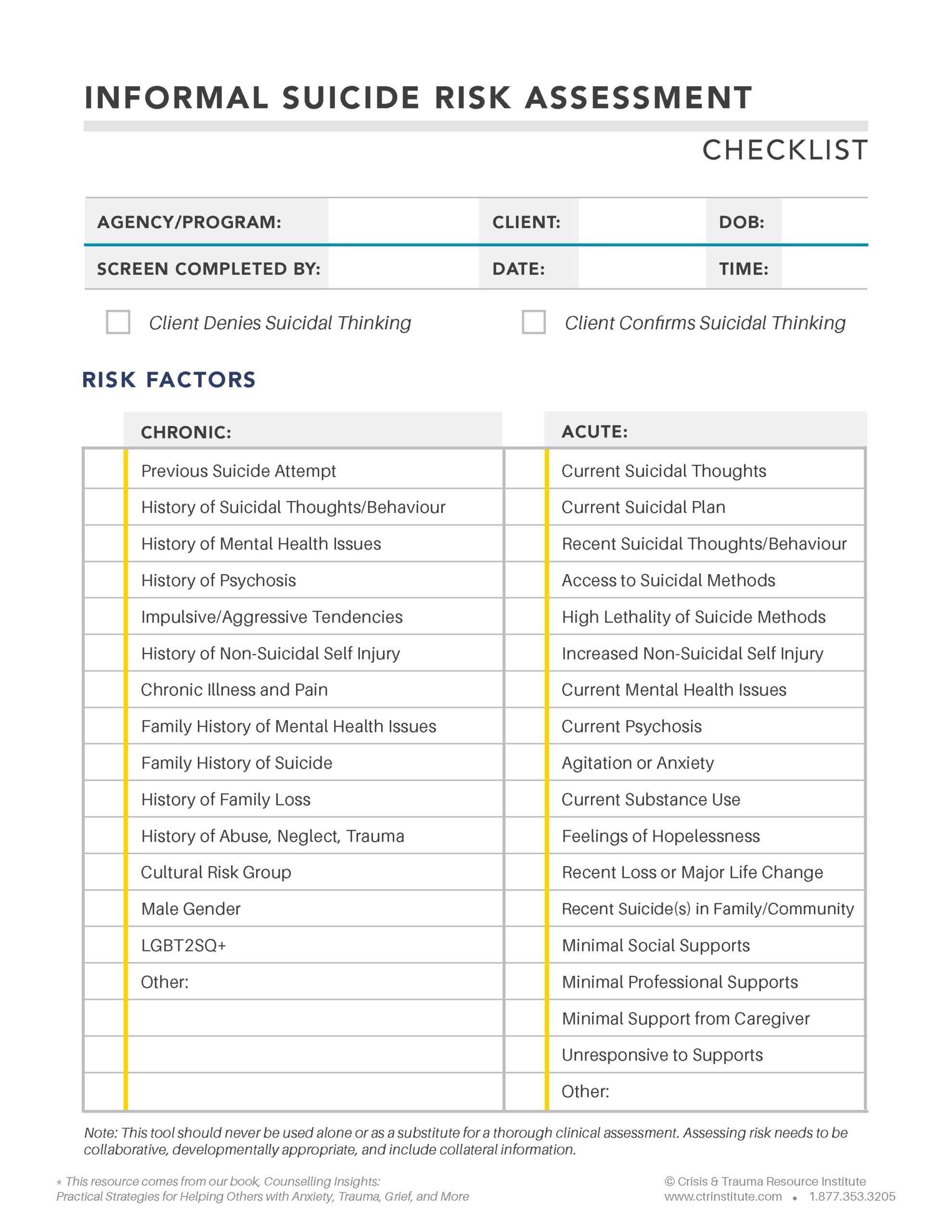 Informal Suicide Risk Assessment Checklist  Crisis and Trauma  Throughout Risk Assessment Checklist Template With Risk Assessment Checklist Template