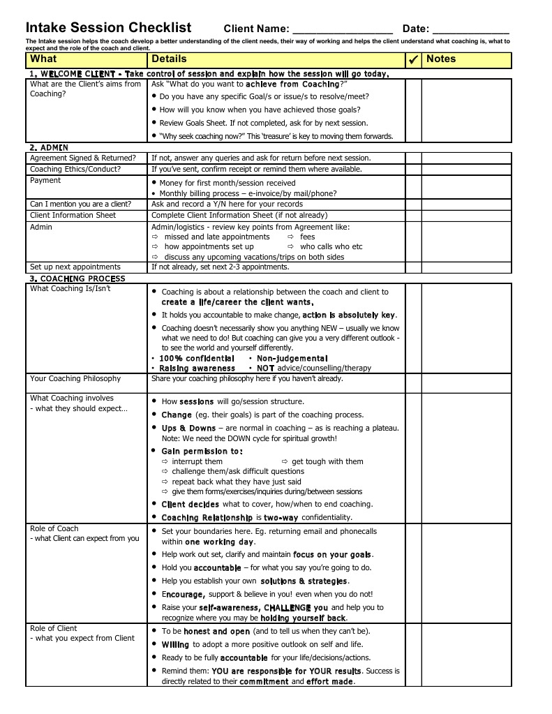 Intake Session Checklist TEMPLATE  Psychology  Psychological  Throughout Coaching Checklist Template
