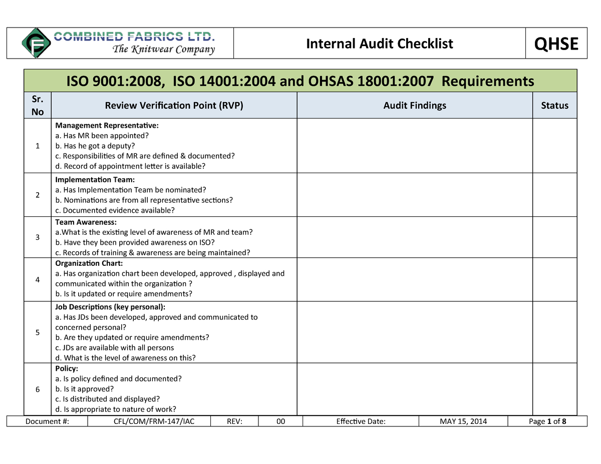 Internal Checklist  nailezee With Internal Audit Quality Assurance Checklist Template