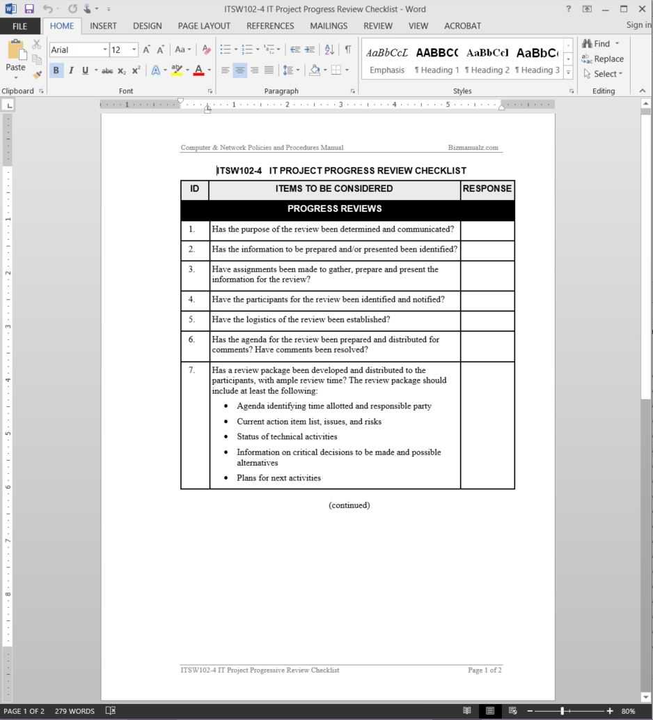 IT Project Progress Review Checklist Template  ITSW10-10 Regarding Software Installation Checklist Template With Regard To Software Installation Checklist Template