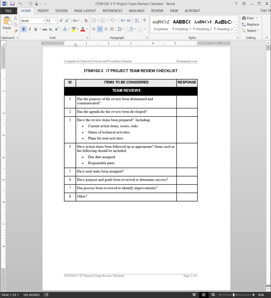 IT Project Team Review Checklist Template  ITSW10-10 For It Project Checklist Template Throughout It Project Checklist Template