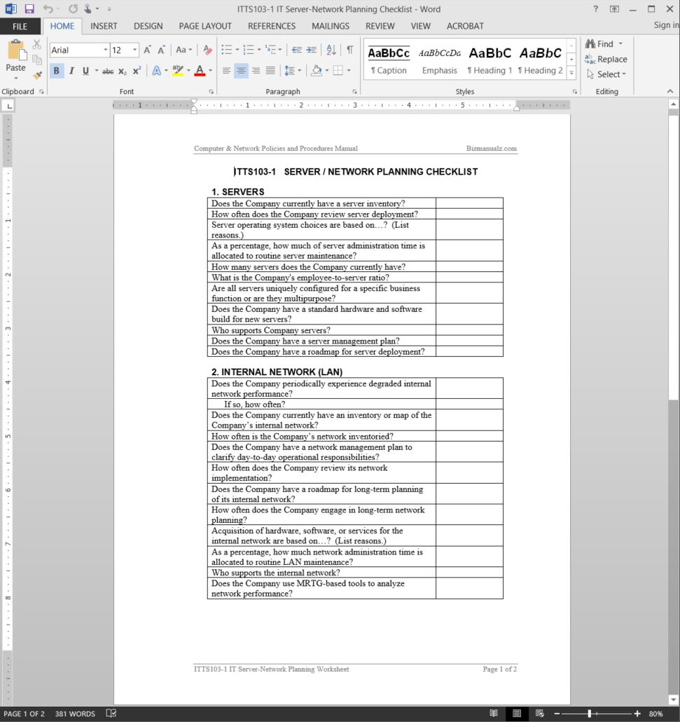 IT Server-Network Planning Checklist Template  ITTS100-10 Pertaining To Network Assessment Checklist Template With Network Assessment Checklist Template