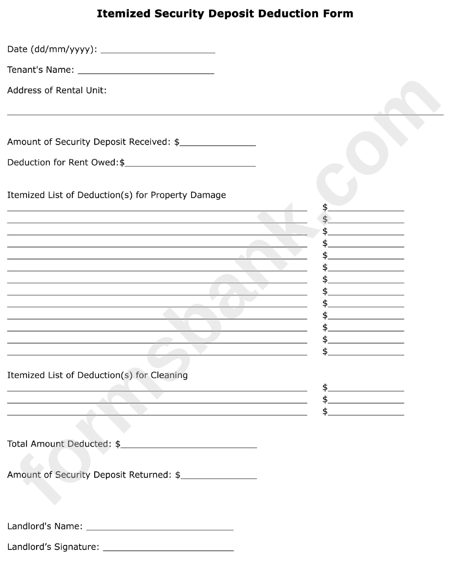 Itemized Security Deposit Deduction Form printable pdf download For Itemized Security Deposit Deduction Form With Itemized Security Deposit Deduction Form