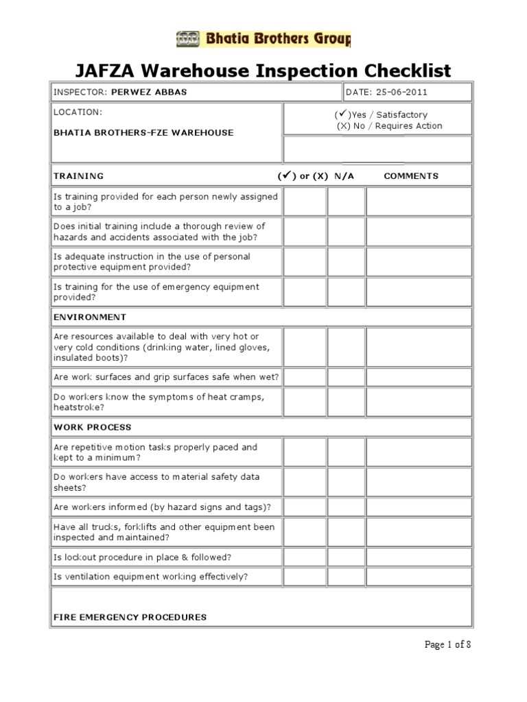 JAFZA Warehouse Inspection Checklists  Forklift  Warehouse Regarding Warehouse Safety Checklist Template