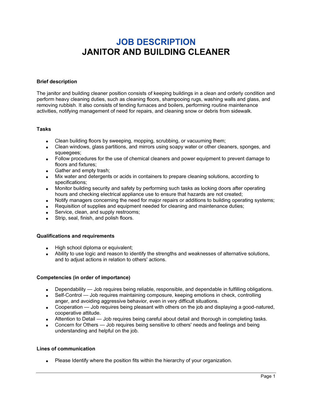 Janitor and Building Cleaner Job Description Template  by  Pertaining To Carpenter Job Description Template With Regard To Carpenter Job Description Template