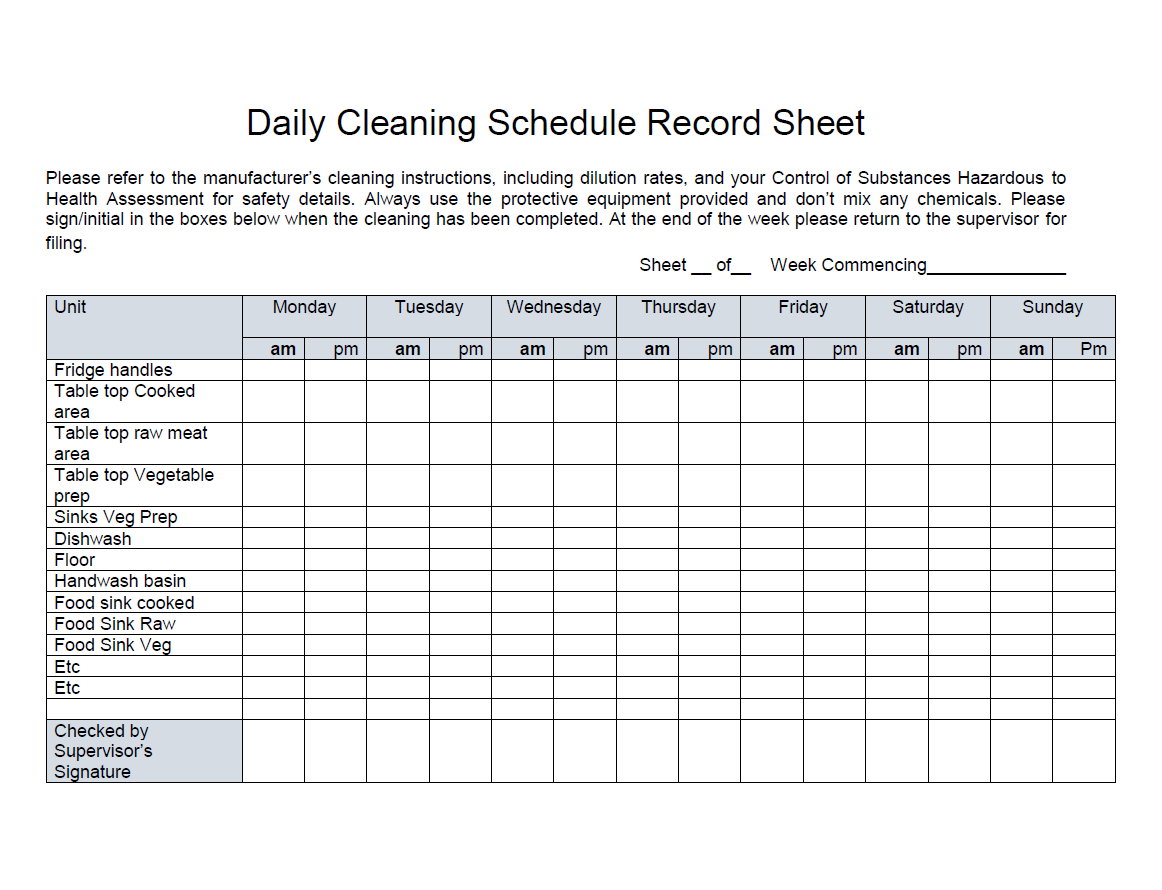Kitchen Daily Cleaning Schedule Record Sheet In Daily Kitchen Cleaning Checklist Template With Daily Kitchen Cleaning Checklist Template