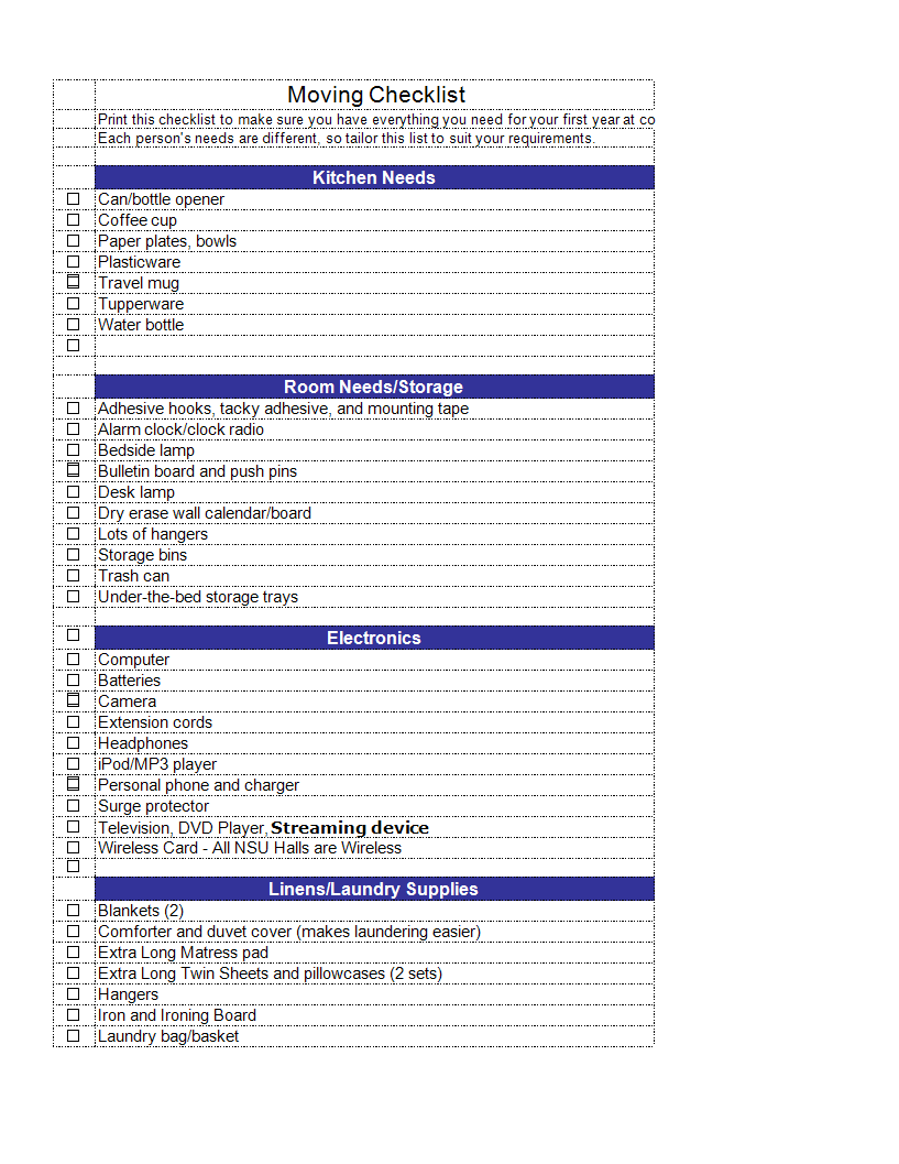 Kostenloses Moving House Checklist in excel In House Moving Checklist Template Throughout House Moving Checklist Template