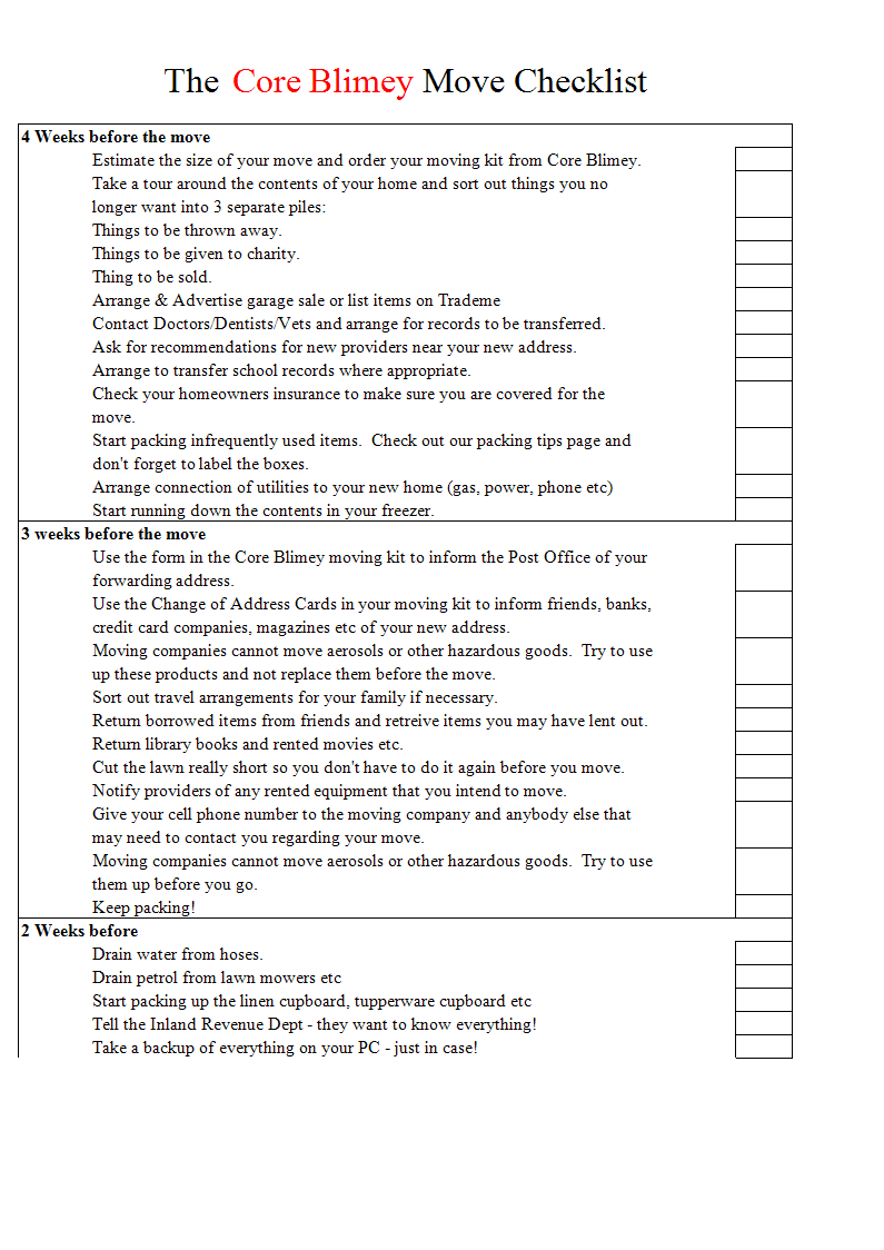 Kostenloses Professional Moving Checklist Excel Template Intended For Office Relocation Checklist Template