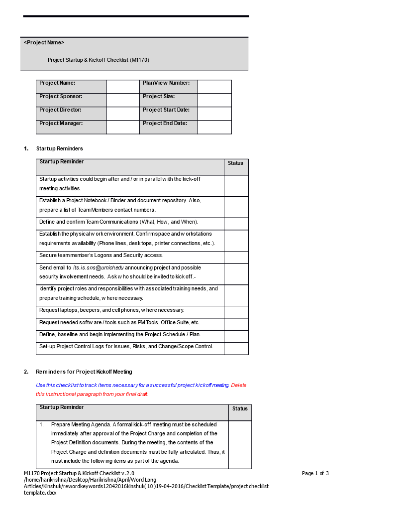 Kostenloses Project Checklist Word Format With It Project Checklist Template