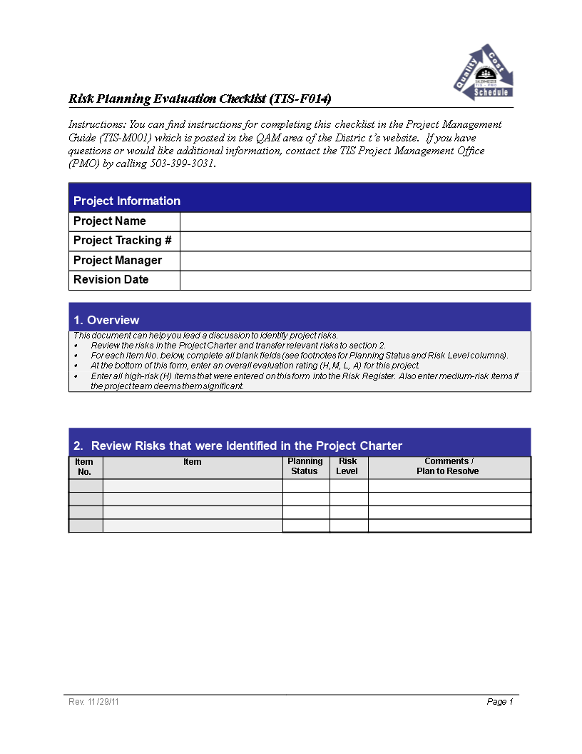 Kostenloses Project Planning Risk Evaluation Checklist For Checklist Project Management Template