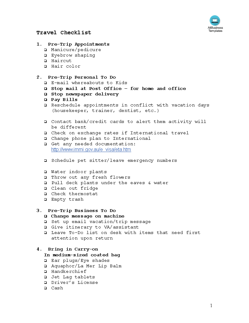 Kostenloses Travel Checklist Printable Pertaining To Business Travel Checklist Template Regarding Business Travel Checklist Template