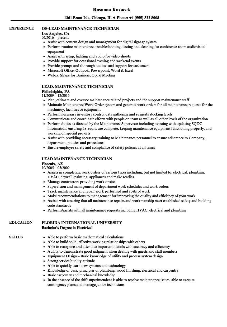 Lead Maintenance Technician Resume Samples  Velvet Jobs Throughout Maintenance Technician Job Description Template With Maintenance Technician Job Description Template