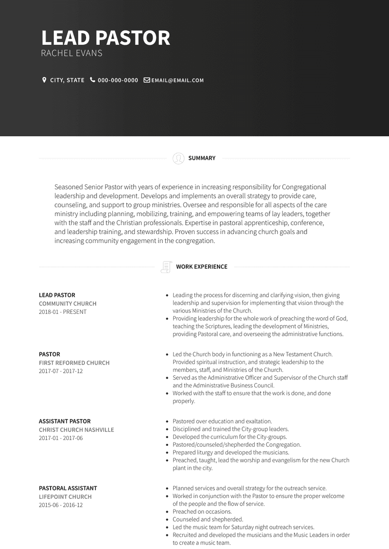 Lead Pastor Resume Samples And Templates  VisualCV With Pastor Job Description Template