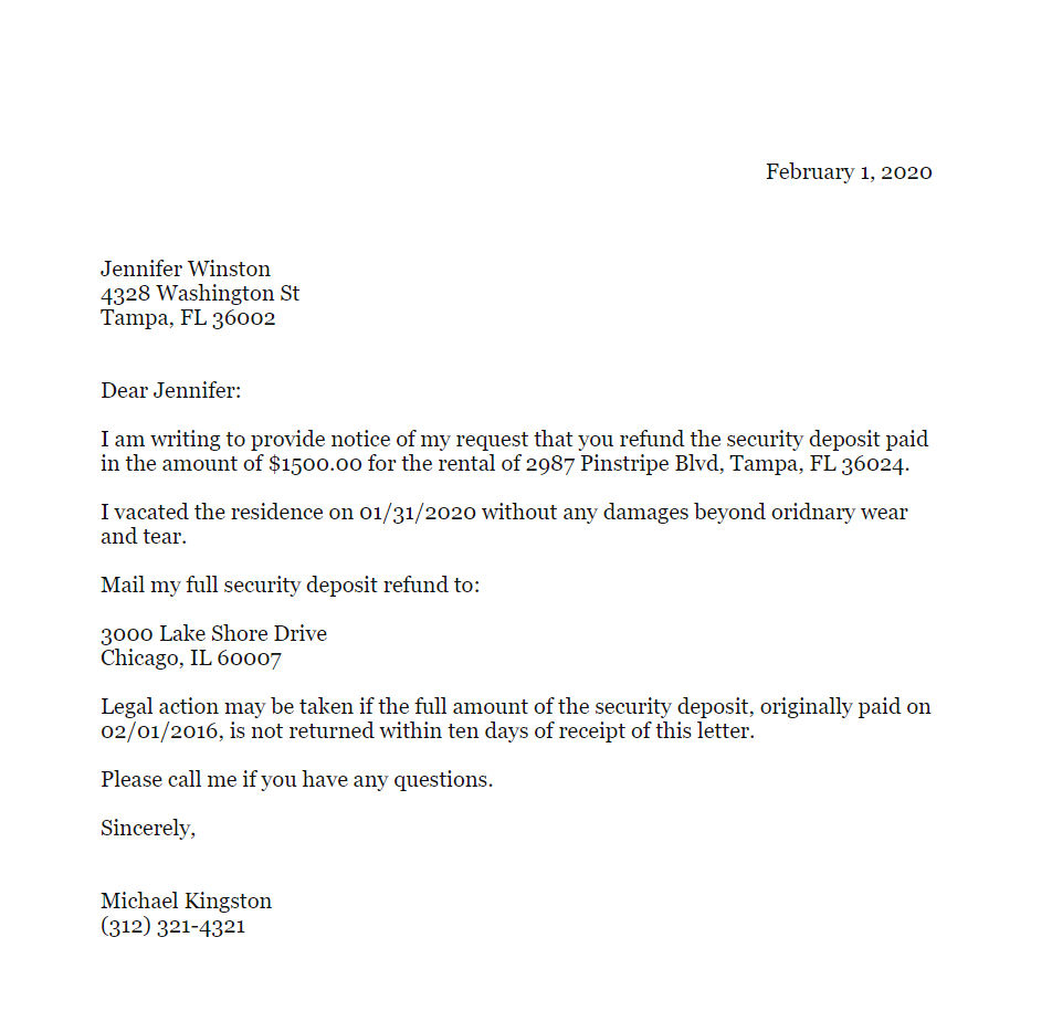 Letter to Request Security Deposit Refund Pertaining To Letter To Landlord For Security Deposit Return With Regard To Letter To Landlord For Security Deposit Return