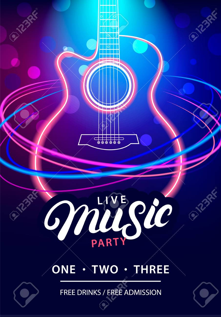 Live Music Party design template with text, guitar silhouette. With Live Music Flyer Template