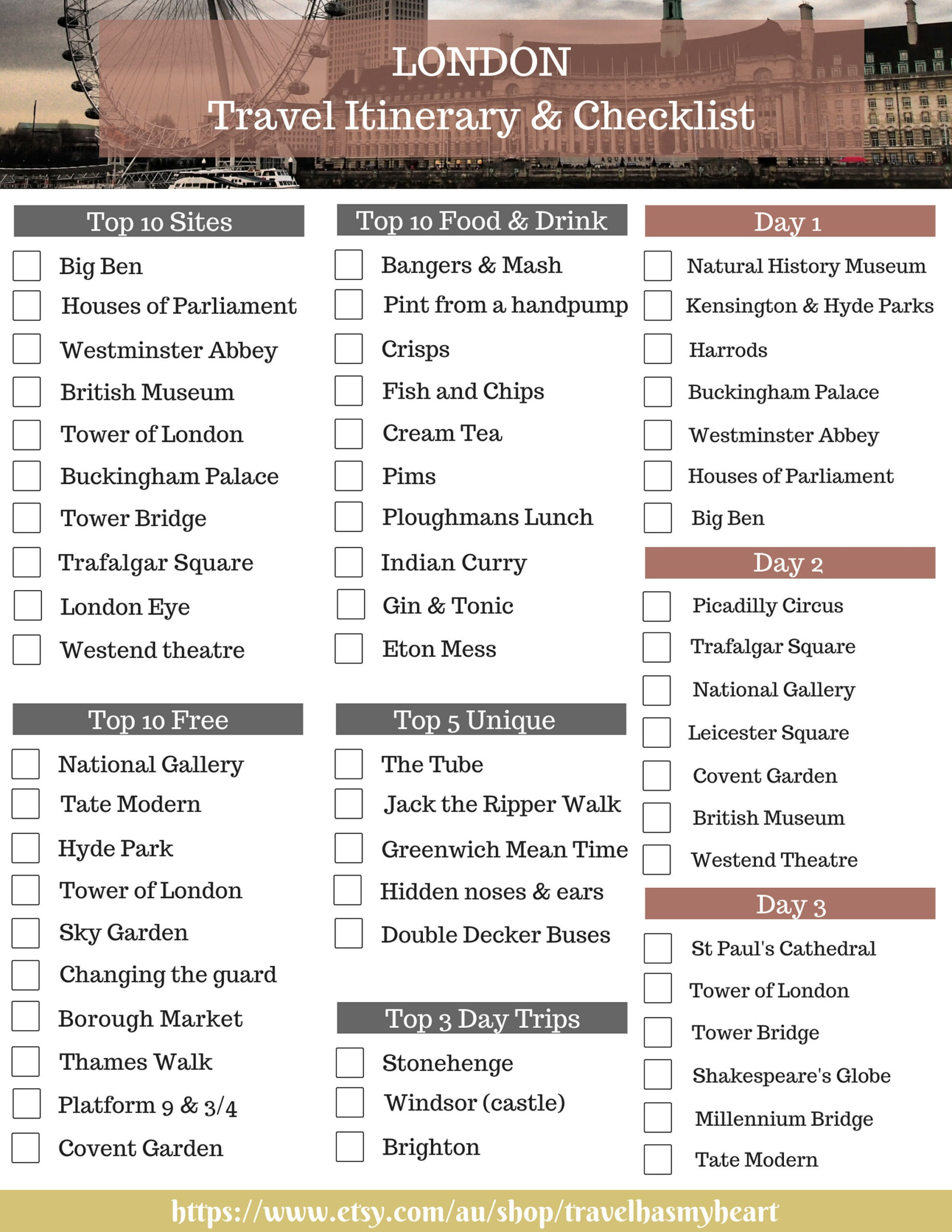 LONDON Travel Checklist & Travel Itinerary ~ Printable Travel Planner ~  Vacation Planning ~PDF ~ Top 10 Sites ~ 10 Day ~ Top 10 Foods Inside London Travel Itinerary Template