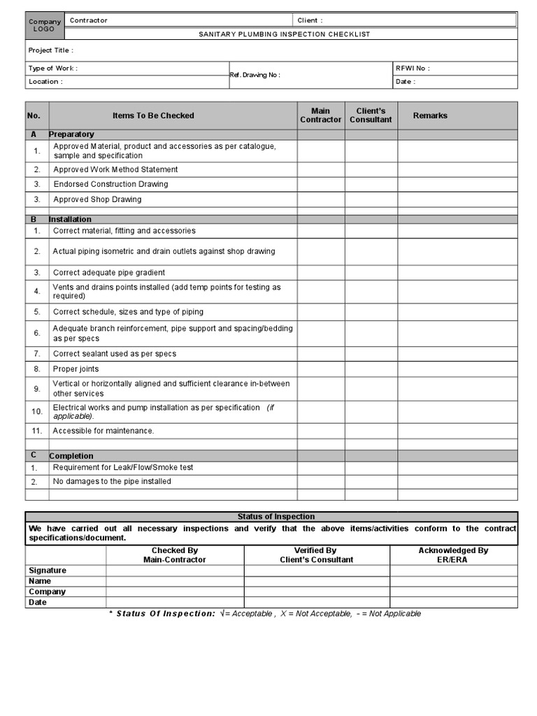 M - Sanitary & Plumbing INSPECTION CHECKLIST  Plumbing  Inside Plumbing Checklist Template Inside Plumbing Checklist Template
