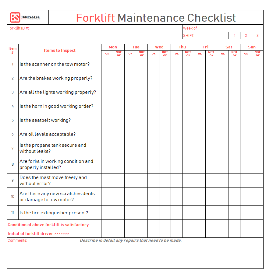 Maintenance Checklist Template – 10+ Daily, Weekly Maintenance  Within Forklift Safety Checklist Template