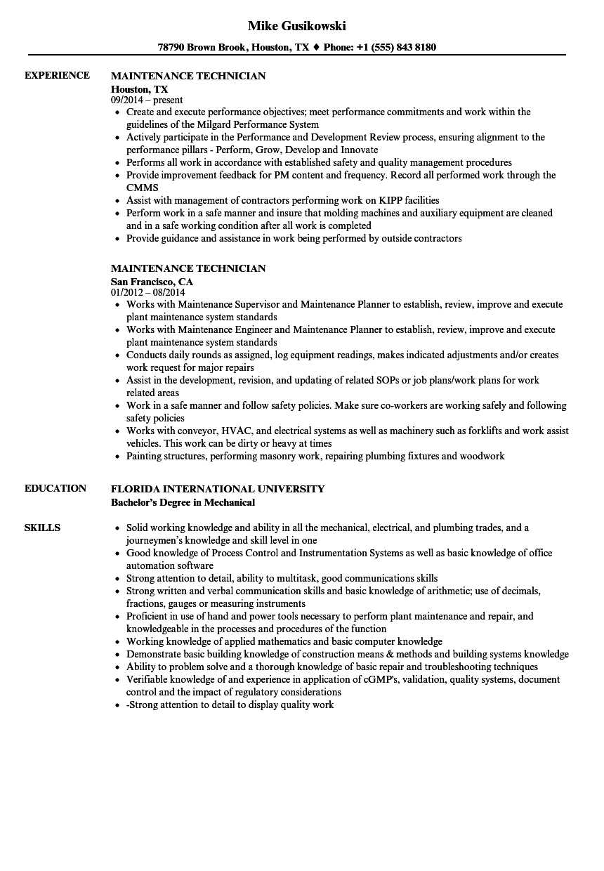 Maintenance Technician Resume Samples  Velvet Jobs With Maintenance Technician Job Description Template Regarding Maintenance Technician Job Description Template