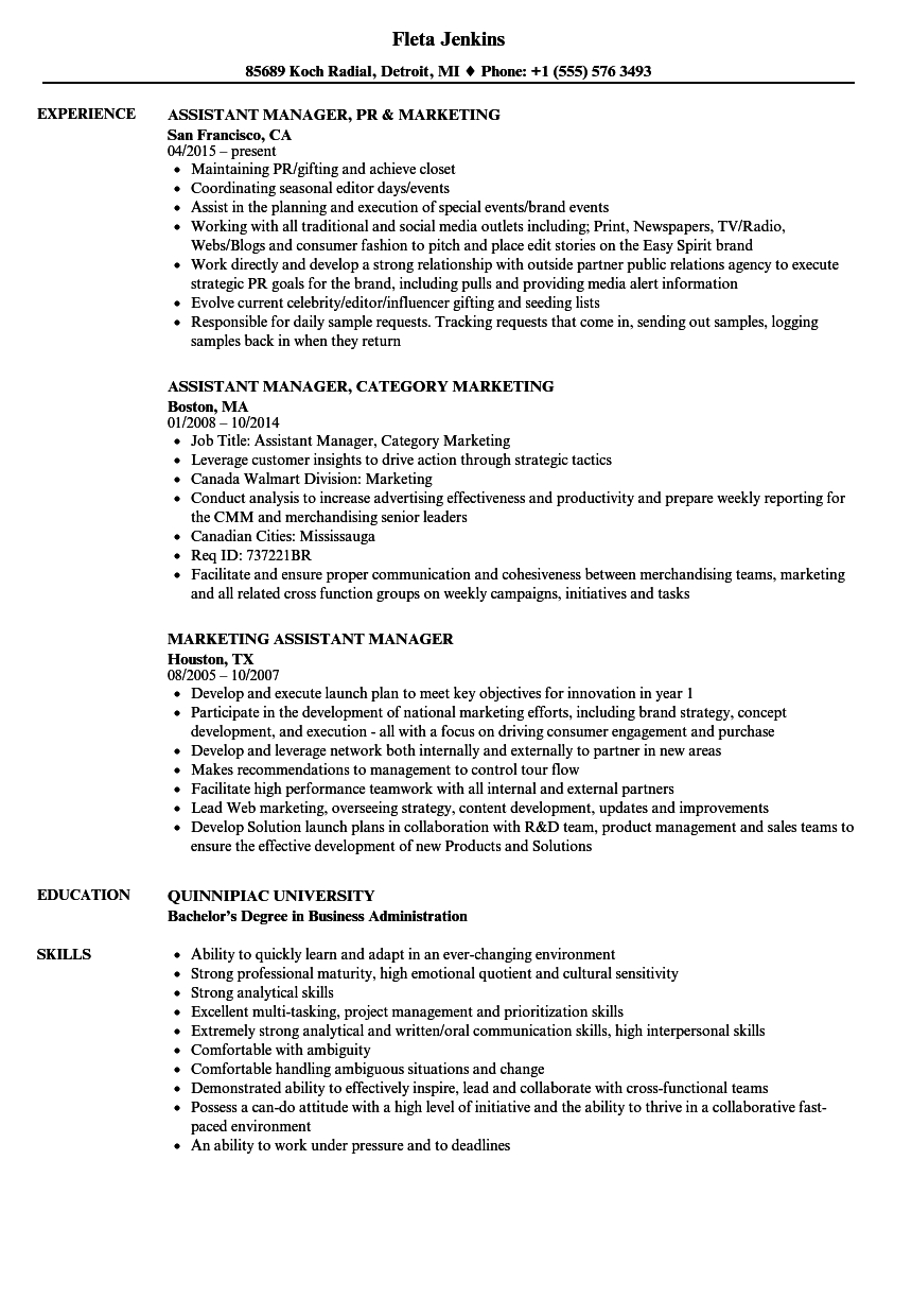 Marketing, Assistant Manager Resume Samples  Velvet Jobs Intended For Assistant Manager Job Description Template Pertaining To Assistant Manager Job Description Template