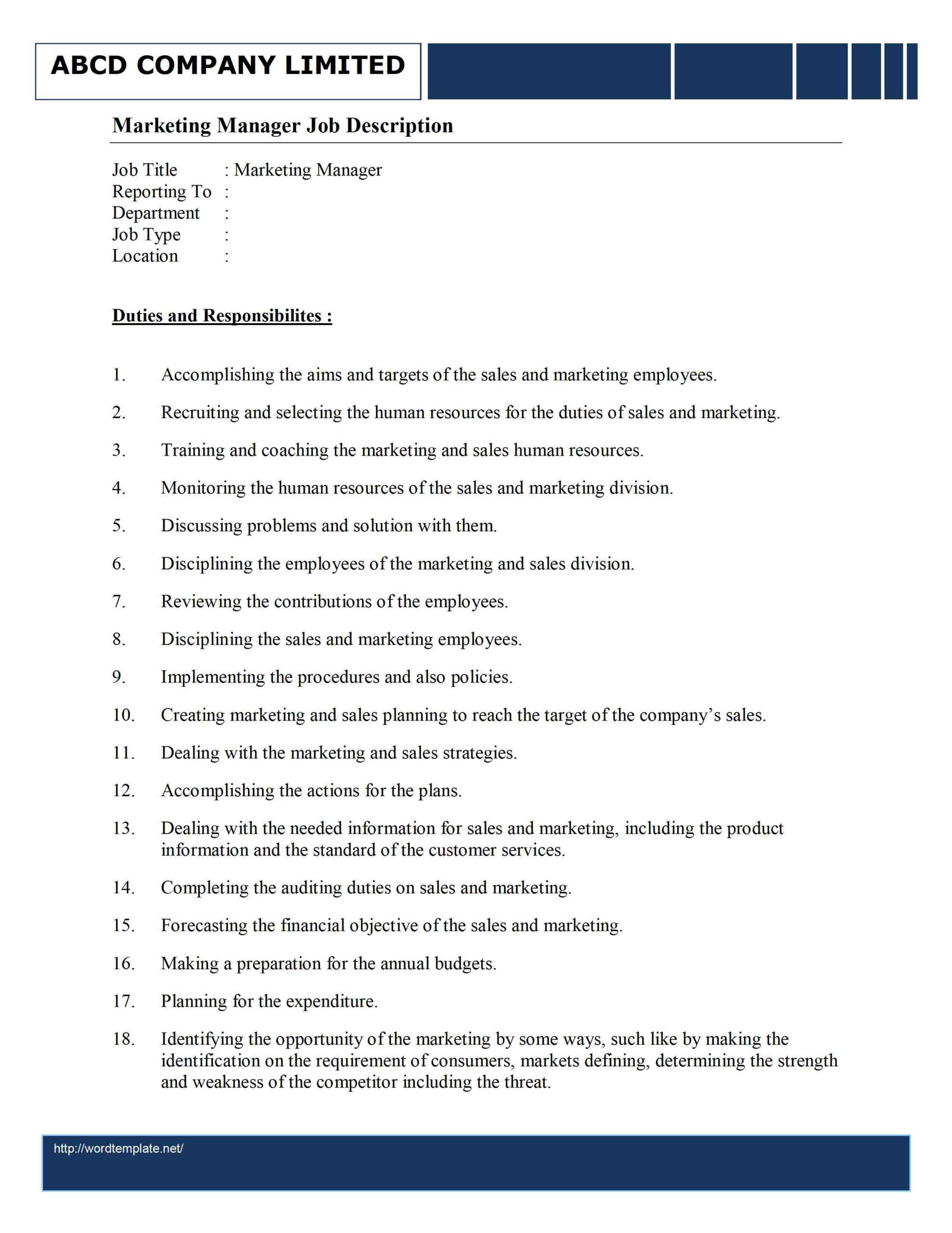 Marketing Manager Job Description Template - WORDTEMPLATE Throughout Sales Director Job Description Template