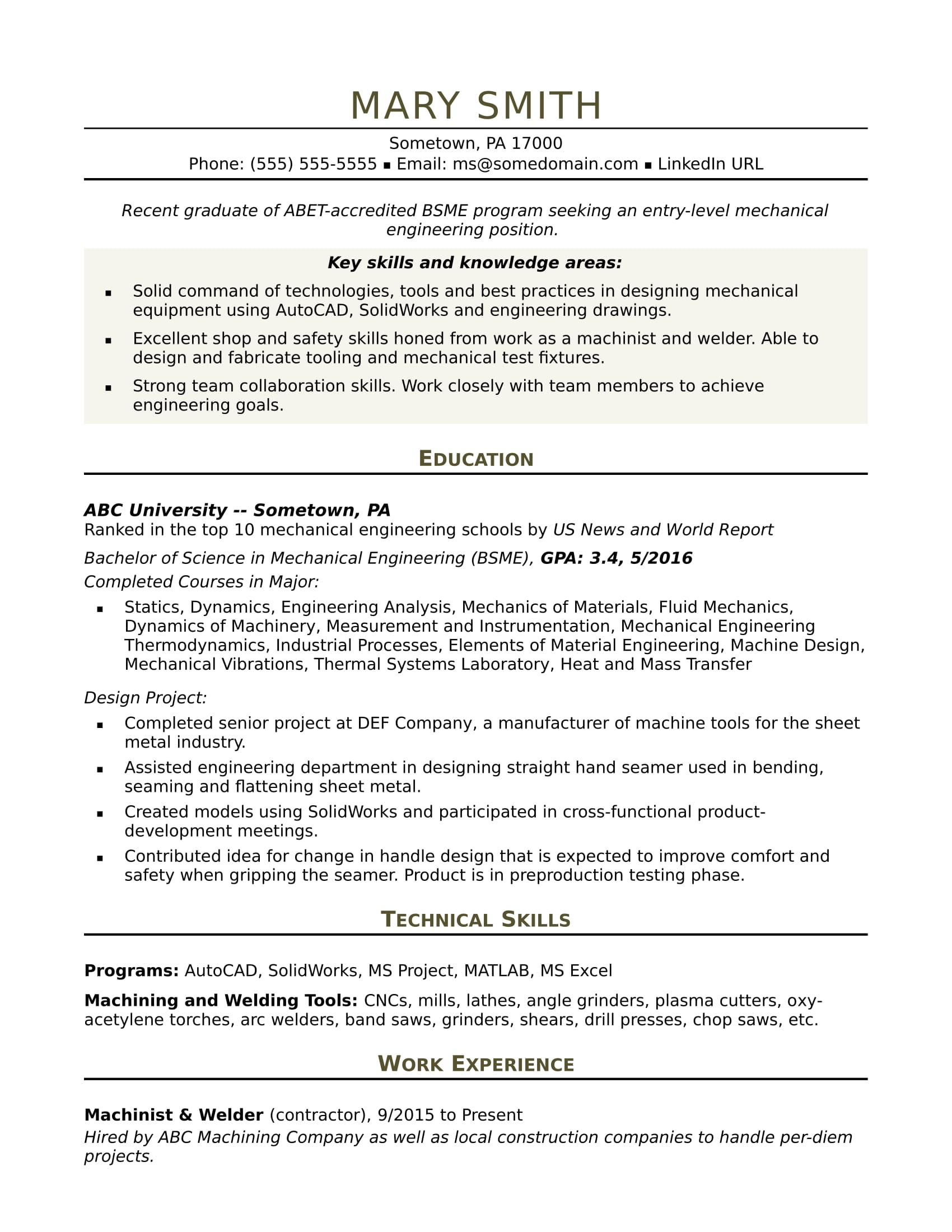 Mechanical Engineer Resume: Entry-Level  Monster With Regard To Mechanical Engineer Job Description Template